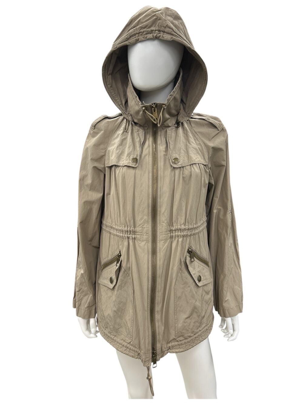 Burberry Brit Jacket Women’s Size 6 Utility Trench Rain Cargo with Hood in Beige